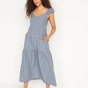 ❤️❤️ NWT Tiered Seersucker Fit and Flair Maxi Dress Old Navy Gingham